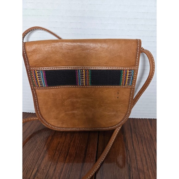 Vintage Tan Leather Crossbody Bag Woven Textile Accent Boho Small Saddle Purse - Picture 2 of 7